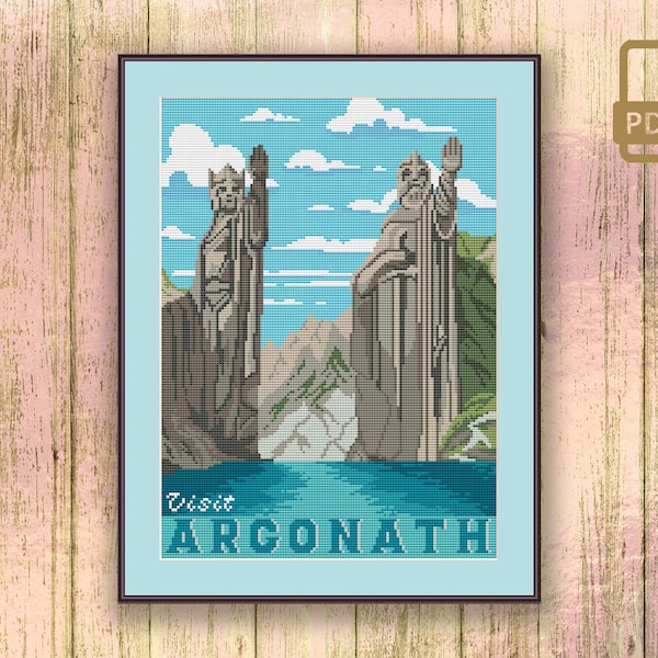 Visit Argonath Cross Stitch Pattern, Movie Cross Stitch Pattern, LOTR Cross Stitch Pattern, Retro Travel Pattern #tv_084