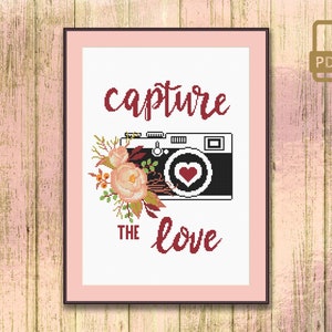 Capture The Love Cross Stitch Pattern, Floran Camera Cross Stitch Pattern, Love Cross Stitch Pattern, Valentine Cross Stitch Pattern #qt_053