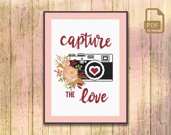Capture The Love Cross Stitch Pattern, Floran Camera Cross Stitch Pattern, Love Cross Stitch Pattern, Valentine Cross Stitch Pattern #qt_053