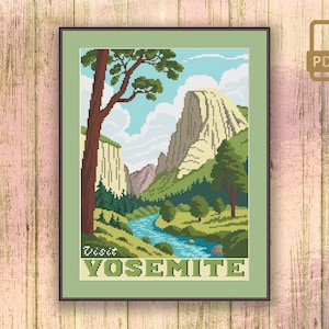 Visit Yosemite Cross Stitch Pattern, National Park Cross Stitch Pattern, National Park Pattern, Retro Travel Cross Stitch #ntp_012