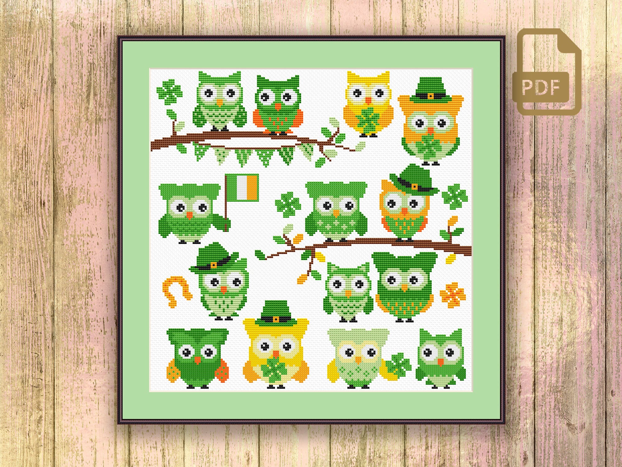 St Patrick Owls Cross Stitch Pattern, St Patrick Cross Stitch Pattern, St Patrick’s Day Patter