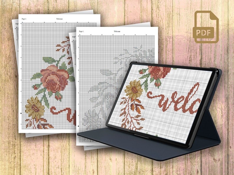 May include: A digital cross stitch pattern for a welcome sign with floral accents. The pattern features a welcome sign with a cursive font and a floral design with roses, leaves, and berries. The pattern is available as a PDF download.