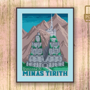 May include: A cross-stitch pattern featuring a colorful illustration of Minas Tirith, a fictional city from the Lord of the Rings, with the text "Welcome to Minas Tirith".