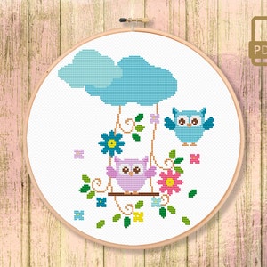 Owls With Swing Cross Stitch Patterns, Owl Cross Stitch Pattern, Owls Pattern, Home Decor, Nursery Decor #owl_003