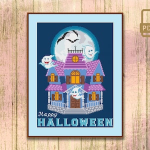Schema punto croce Haunted Mansion, schema punto croce Happy Halloween, schemi Halloween, schema viaggio retrò #hll_009