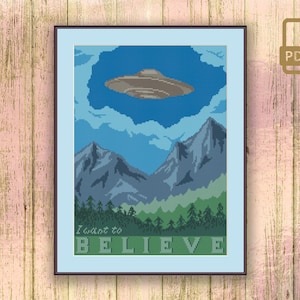 I Want To Believe Cross Stitch Pattern, Retro Travel Cross Stitch, Movie Cross Stitch, UFO Cross Stitch Pattern #tv_014