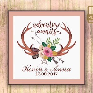 Adventure Awaits Wedding Cross Stitch Pattern, Personalized Wedding Gift Cross Stitch Pattern, Modern Home Decor #wd_003