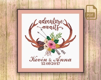 Adventure Awaits Wedding Cross Stitch Pattern, Personalized Wedding Gift Cross Stitch Pattern, Modern Home Decor #wd_003