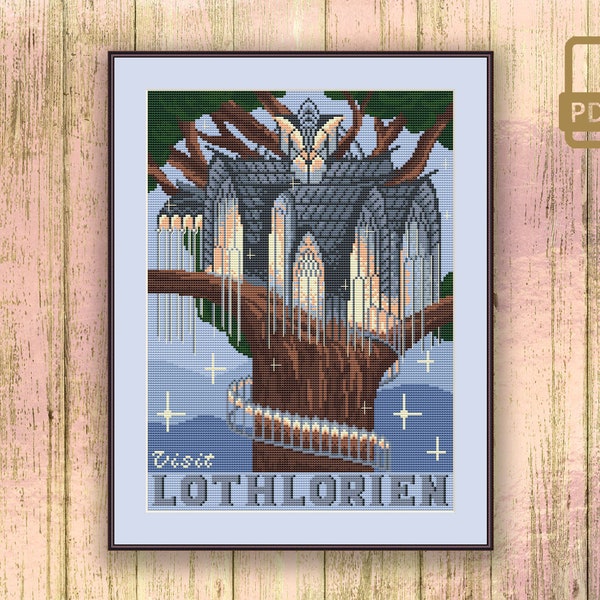 Visit Lothlorien Cross Stitch Pattern, Movie Cross Stitch Pattern, LOTR Cross Stitch Pattern, Retro Travel Pattern #tv_065