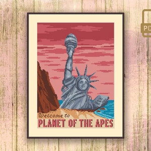 May include: A vintage-style poster with a red, orange, and pink sunset sky. The Statue of Liberty is partially submerged in water with the words "Welcome to Planet of the Apes" at the bottom.