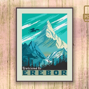 May include: A cross-stitch pattern featuring a mountain range with a dragon flying overhead. The text "Welcome to Erebor" is at the bottom of the image.