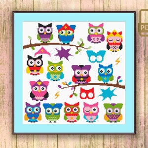 SuperHero Owls Cross Stitch Pattern, SuperHero Owls Patterns, Holiday Gift, Owls Home Decoration #owl_014