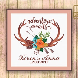 Adventure Awaits Wedding Cross Stitch Pattern, Personalized Wedding Gift Cross Stitch Pattern, Modern Home Decor #wd_008