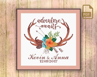 Adventure Awaits Wedding Cross Stitch Pattern, Personalized Wedding Gift Cross Stitch Pattern, Modern Home Decor #wd_008