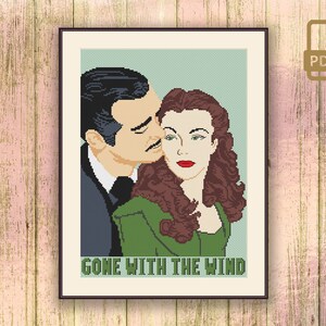 Op de afbeelding: Een kruissteekpatroon met een zwart-witte illustratie van een stel uit de film Gone With The Wind. De tekst "Gone With The Wind" staat onder de afbeelding.