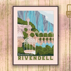 May include: A cross-stitch pattern of a fantasy landscape with a waterfall, a bridge, and buildings. The text "Welcome to Rivendell" is at the bottom of the image.