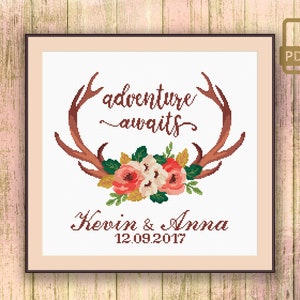 Adventure Awaits Wedding Cross Stitch Pattern, Personalized Wedding Gift Cross Stitch Pattern, Modern Home Decor #wd_015