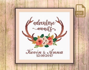 Adventure Awaits Wedding Cross Stitch Pattern, Personalized Wedding Gift Cross Stitch Pattern, Modern Home Decor #wd_015