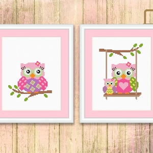 Set of 2 Owls Cross Stitch Pattern, Owls Family Cross Stitch Pattern, Owl Cross Stitch Pattern, Owls Pattern, Home Decor #owl_004