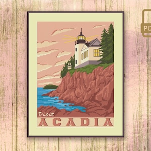 Visit Acadia Cross Stitch Pattern, National Park Cross Stitch Pattern, National Park Pattern, Retro Travel Cross Stitch Pattern #ntp_007