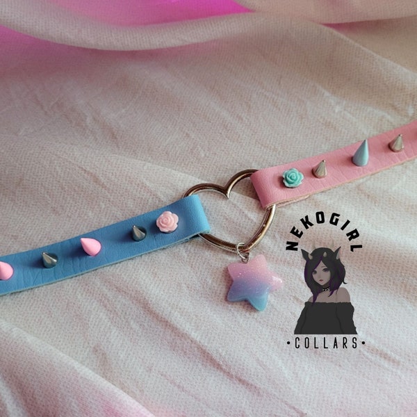 Pastell blau und rosa Choker Halskette mit Ohrstecker Spikes alternative e-girl harajuku y2k kawaii goth modeschmuck