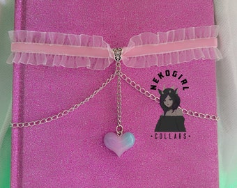 Kawaii heart choker with chains harajuku y2k pastel goth alternative e-girl lolita jewelry || DDLG petplay little space agere collar