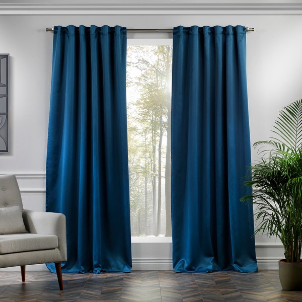 SANPA 2 Set Blue Blackout Curtains Super Soft Blue Thermal Insulated Pencil Pleat Blackout Curtains 2 Panels