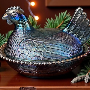 Indiana Glass Iridescent Blue Carnival Glass Hen on Nest MINT! - Etsy