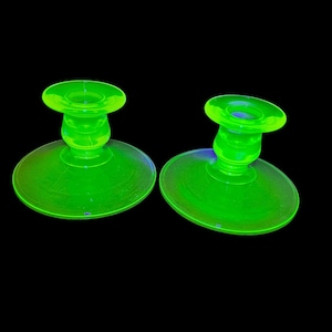 Vintage Vaseline Depression Uranium Glass Pair Of Candlesticks