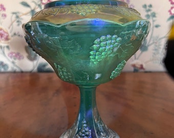 Vintage UV Reactive Indiana Blue Harvest Carnival Glass Covered Compote