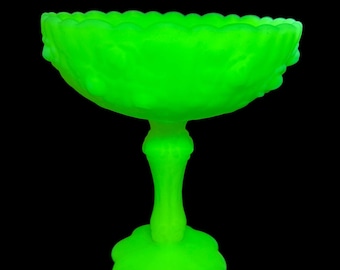 Vintage Fenton Glass Satin Custard Uranium Pedestal Compote GLOWS!