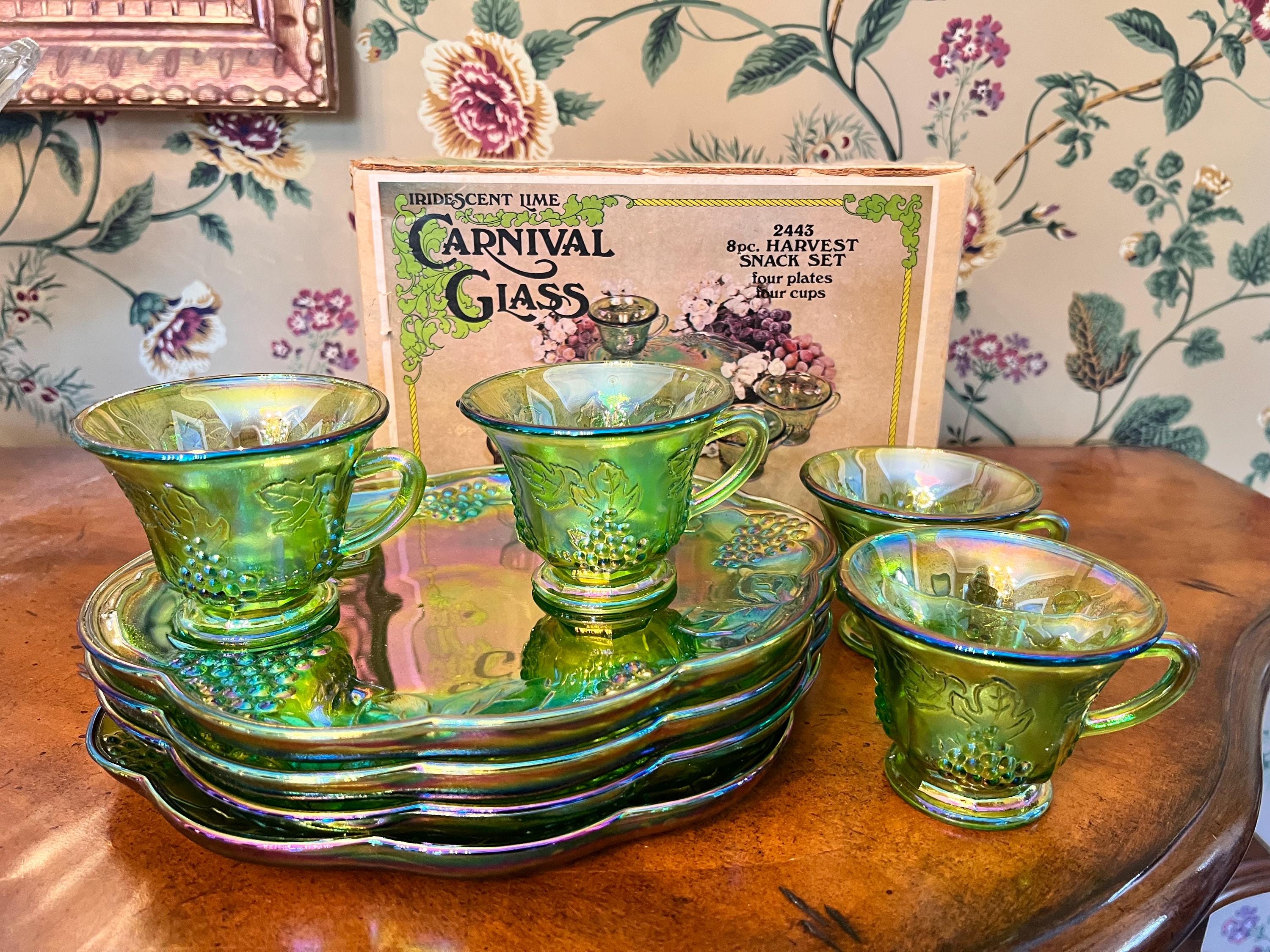 希少インディアナグラス オーロラ 皿4枚セット グリーン アメリカヴィンテージ Indiana Glass Lime Green Carnival Glass Harvest 8-piece Snack Set