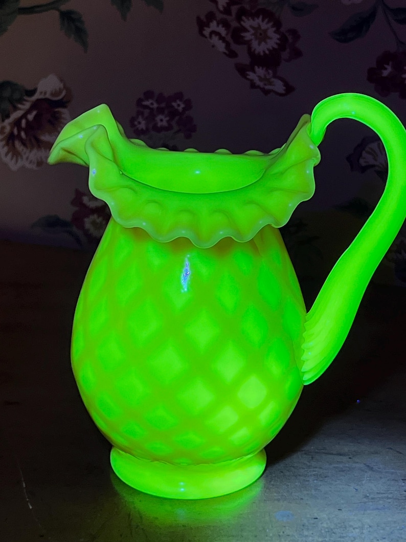 Pitcher Neon RARE! Fenton Rosalene Diamond Optic Hand Painted Large Uranium Glass ...