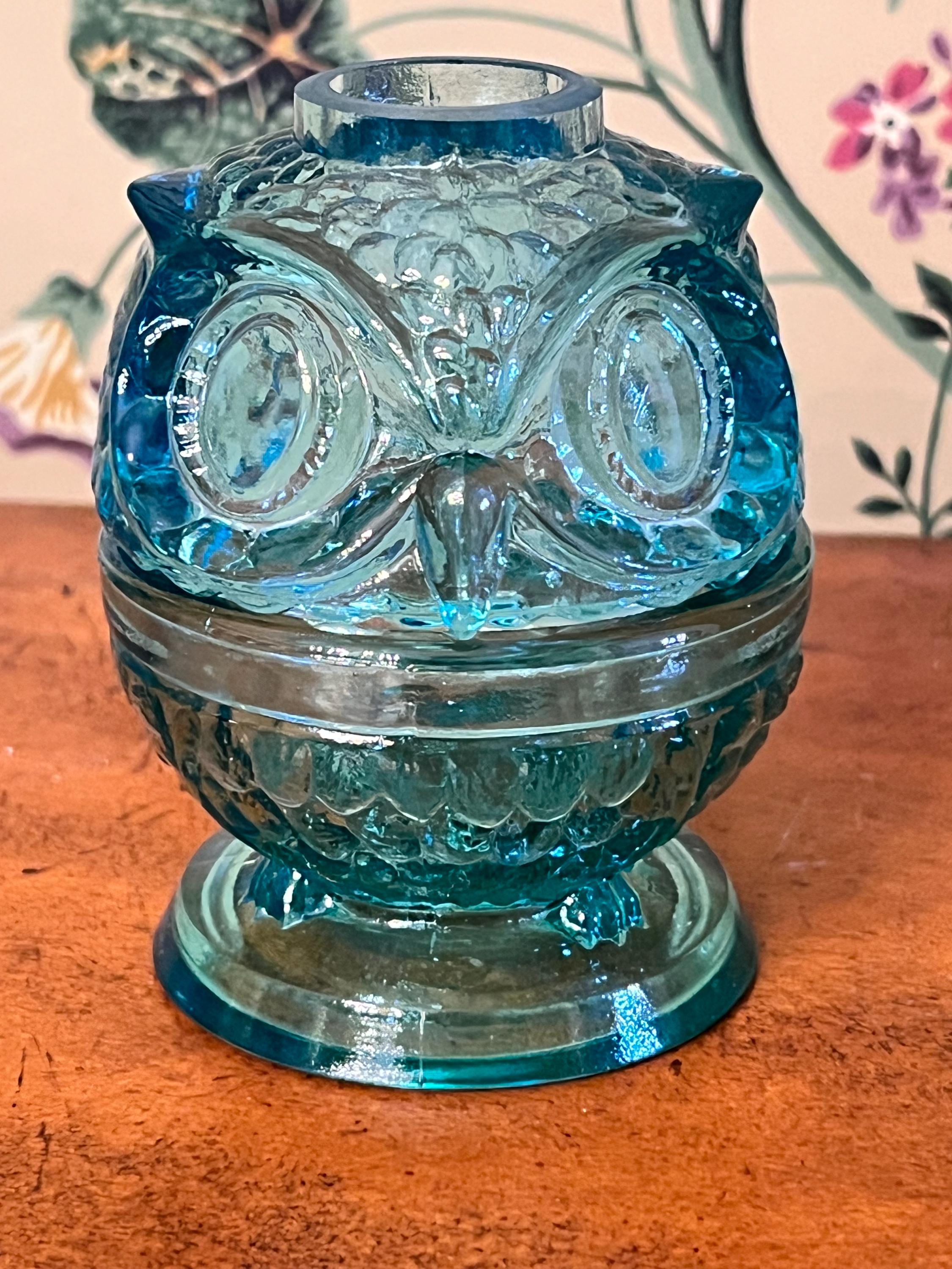 RARE! Teal Uranium Glass Owl Fairy Lamp Glows Green MINT!
