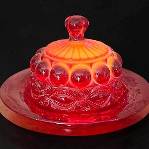 Mosser Vintage Eye Winker Ruby Red Amberina Fairy Lamp Butter Dish MINT!