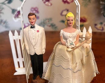 Vintage Antique Chalkware Bride And Groom With Garden Gate Gazebo Arch