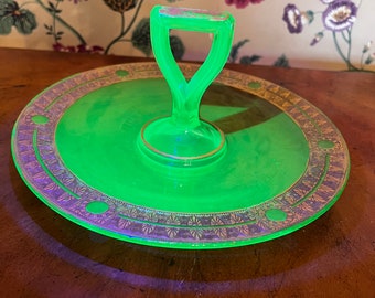 Vintage Gold Leaf Uranium Glass Large Tidbit Tray With Handle