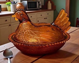 Indiana Glass Vintage Golden Amber Hen on Beaded Nest Excellent!
