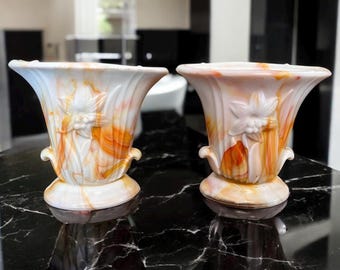 Antique Akro Agate Slag UV Reactive Orange Swirl Planters
