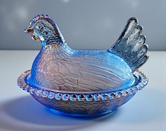 Indiana Glass Cornflower Blue Beaded Hen On Nest MINT!