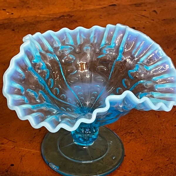 Vintage Fenton UV Reactive Glow Glass Blue Opalescent Wavy Pedestal Dish