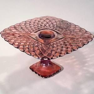 L.E. Smith UV Reactive Glass Rose & Trellis Lavender Purple Cake Plate MINT!