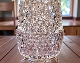 Vintage Indiana Clear Glass Diamond Point 2-Piece Fairy Lamp MINT!