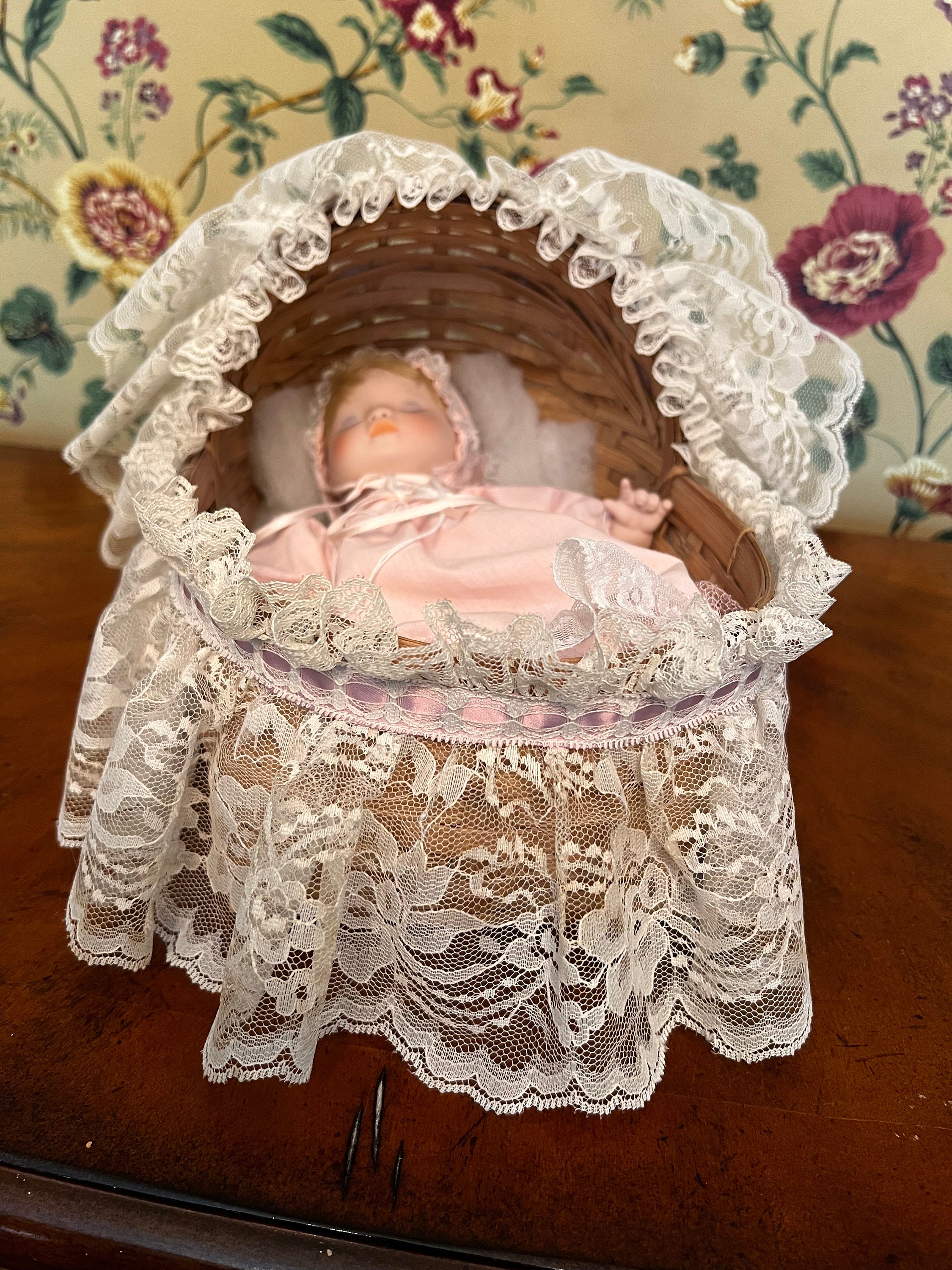 Vintage 1980's Baby Girl Porcelain Doll With Wicker and Lace