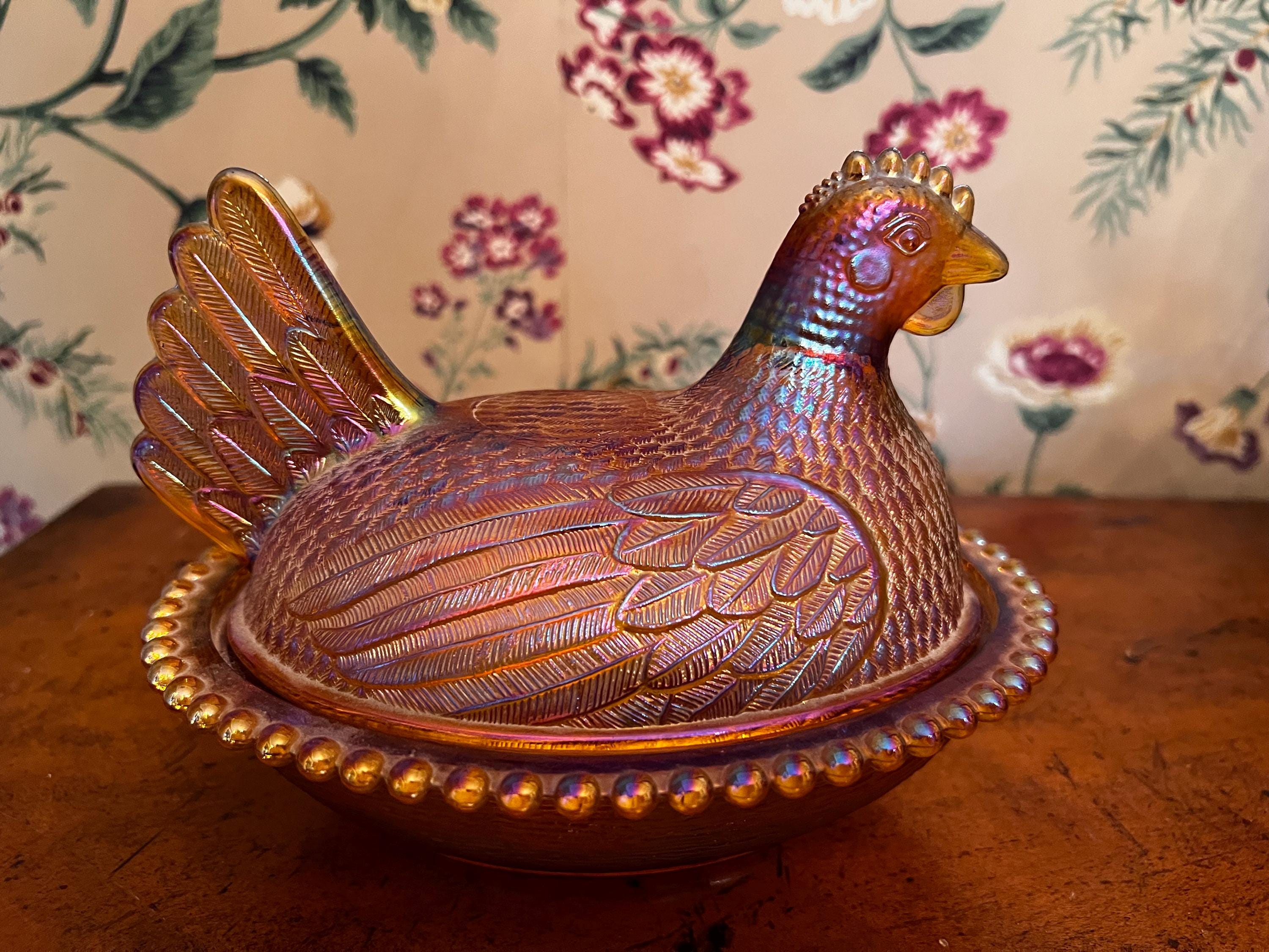 Vintage Indiana Glass Iridescent Gold Carnival Glass Hen on Nest