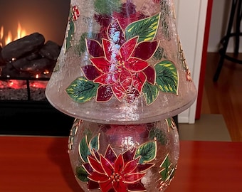 Vintage Hand Painted Large Christmas Pointsettia Crackle Glass Candle Holder