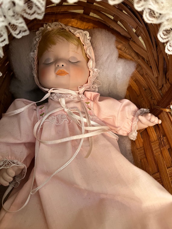 Vintage 1980's Baby Girl Porcelain Doll With Wicker and Lace