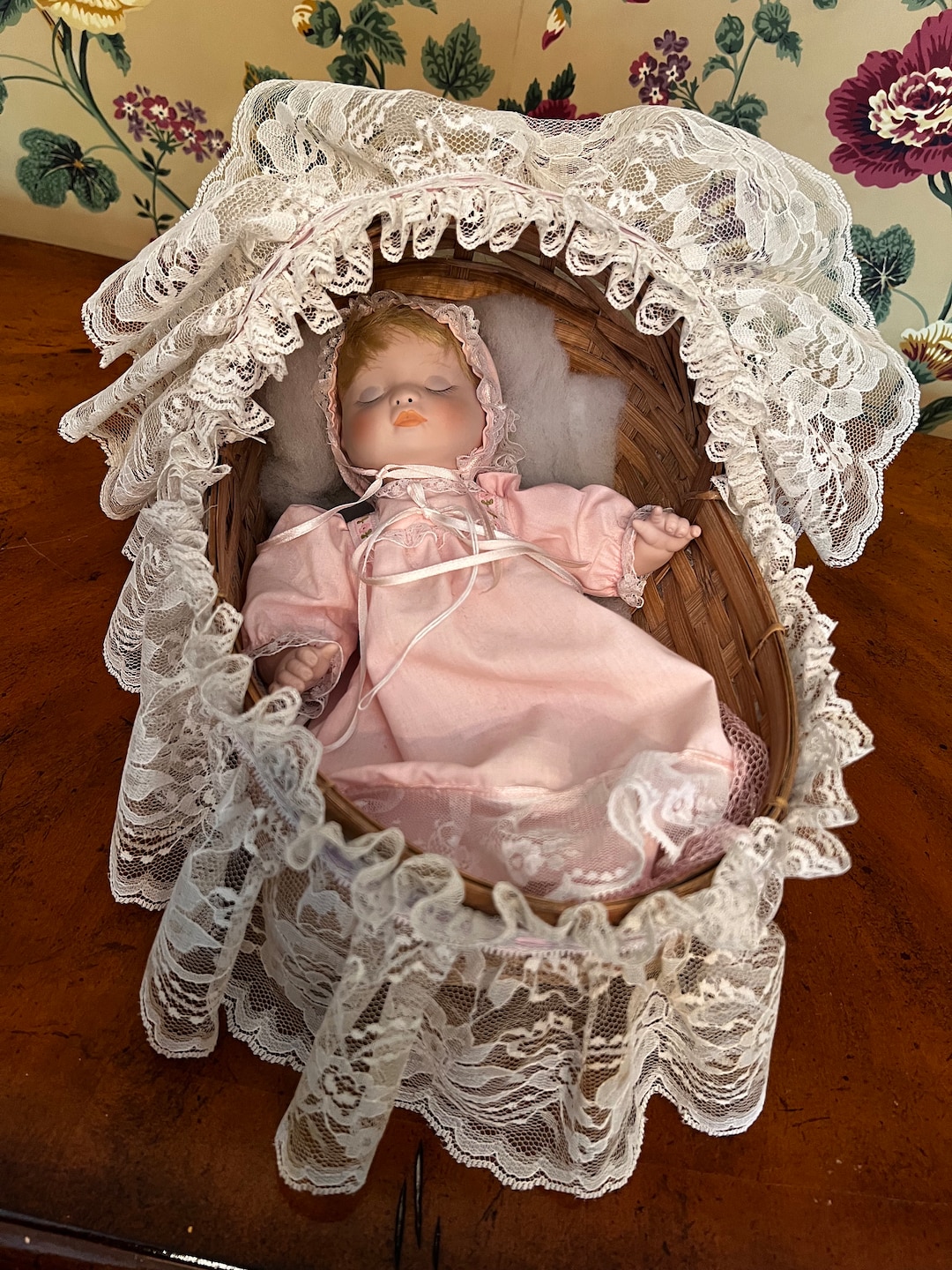Vintage 1980's Baby Girl Porcelain Doll With Wicker and Lace