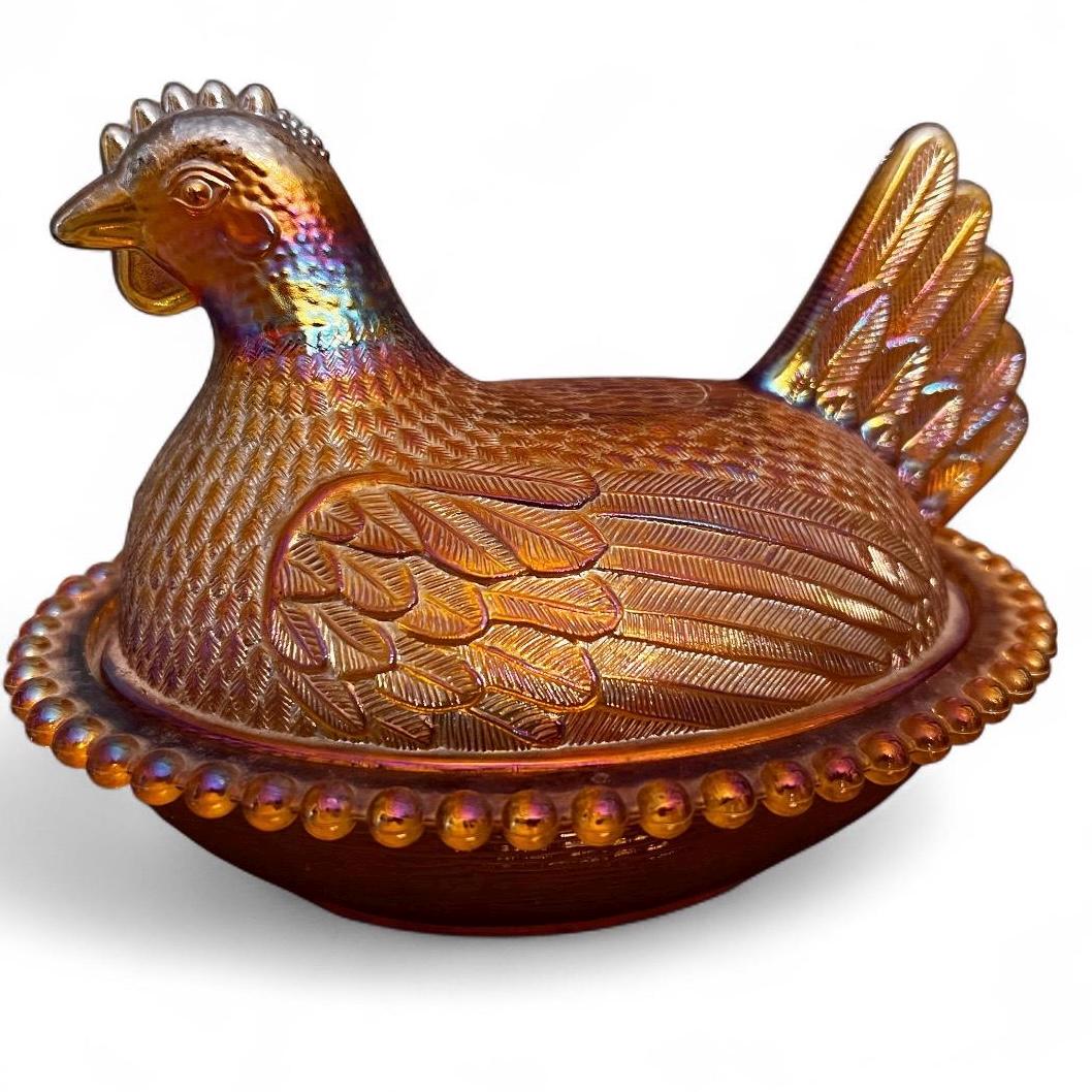 Vintage Indiana Glass Iridescent Gold Carnival Glass Hen on Nest