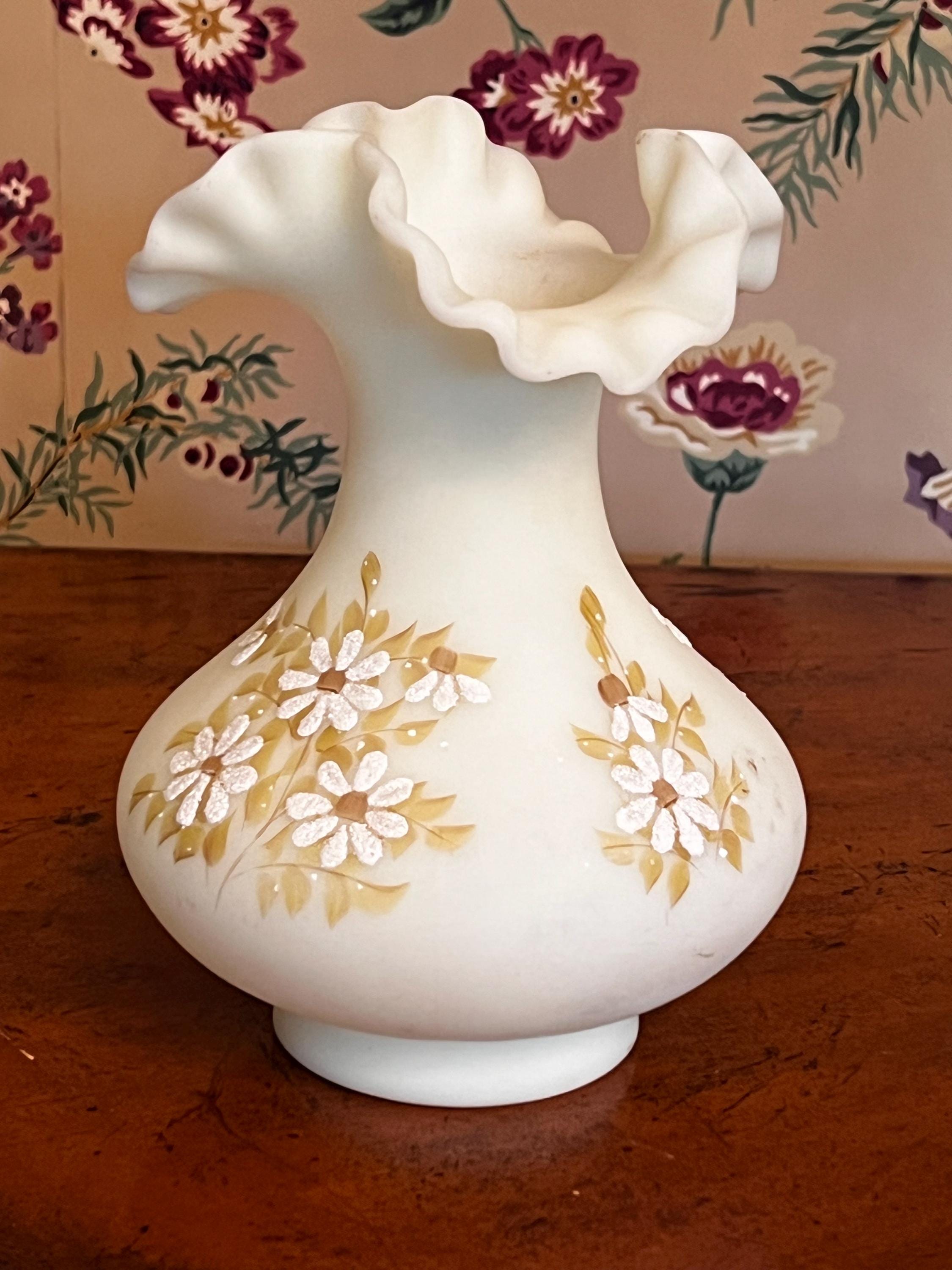 Fenton Hand Painted Daisy Satin Uranium Custard Glass Ruffled Vase